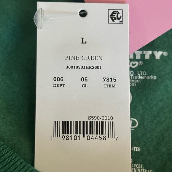 HELLO KITTY NWT CROPPED SWEATSHIRT FRONT DESIGN ATHLETIC DEPT PINE GREEN  LARGE - Picture 4 of 7